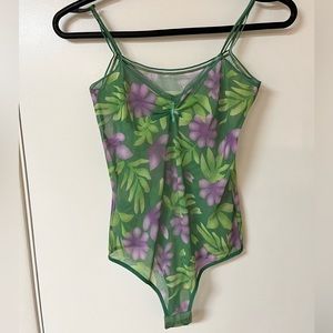 green and purple floral sheer bodysuit